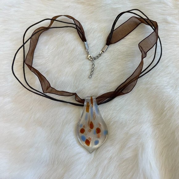 BEautiful Blue Brown Dot Dichroic Fused Glass Pendant 19" Necklace 12532 - Picture 3 of 8